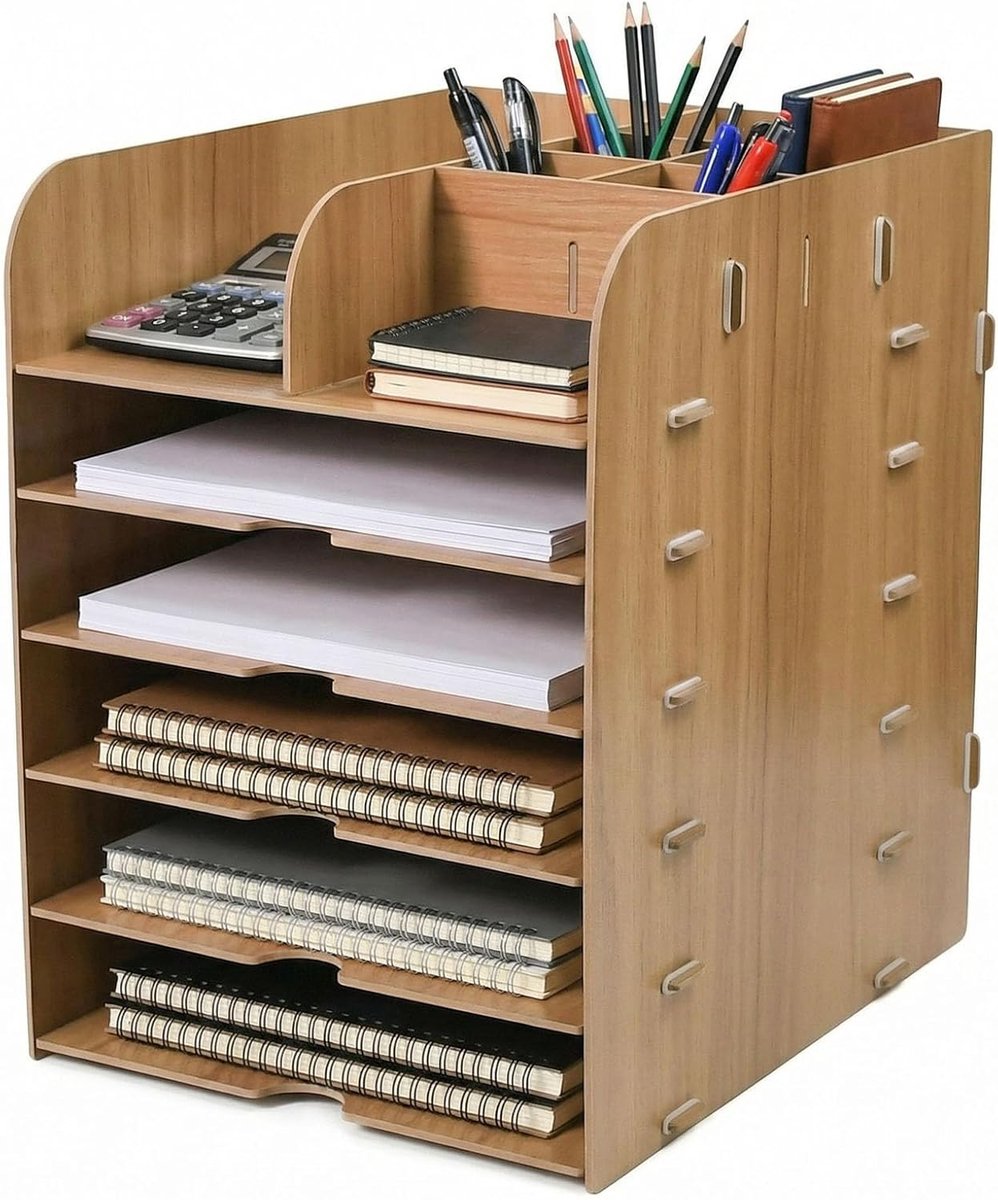 SnelShoppen - Bureau-organizer met 5 vakken, documentenhouder, penhouder, A4 formaat, hout, opbergvakken, brievenbakje voor kantoor, thuis, school