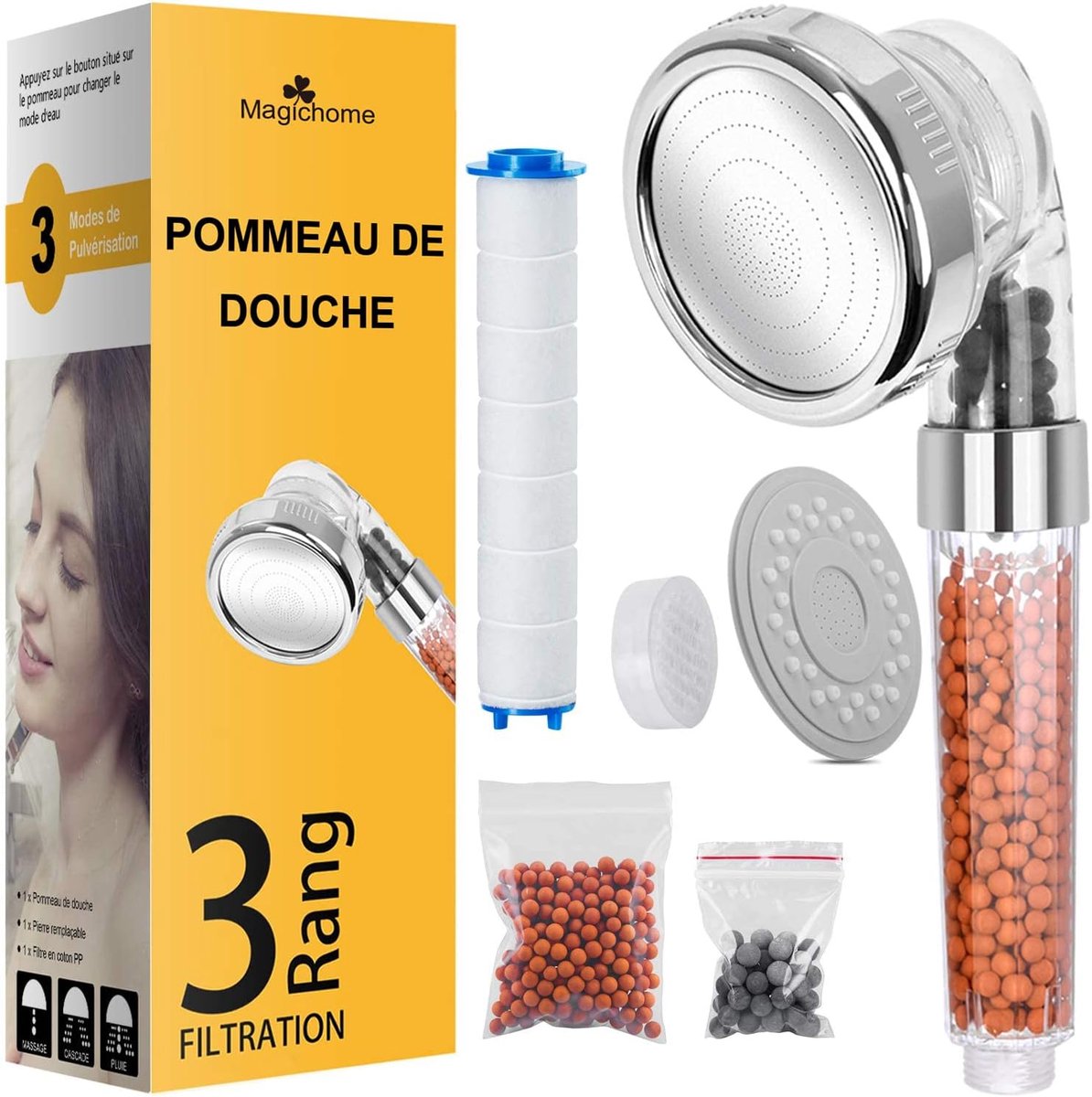 SnelShoppen - Handdouche met 3-Lagen Filtratie, Waterbesparende Douchestraal, Drukverhoging, Vervangbare PP Filter, Ideaal voor Thuisgebruik en Wellne