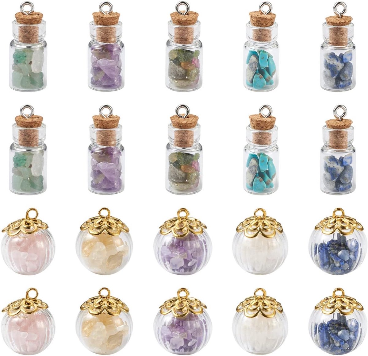 SnelShoppen - 40 stuks kleine glazen flesjes met kurk en edelsteenkralen, hangers voor halskettingen, oorbellen, armbanden, knutselen, glas, sieraden