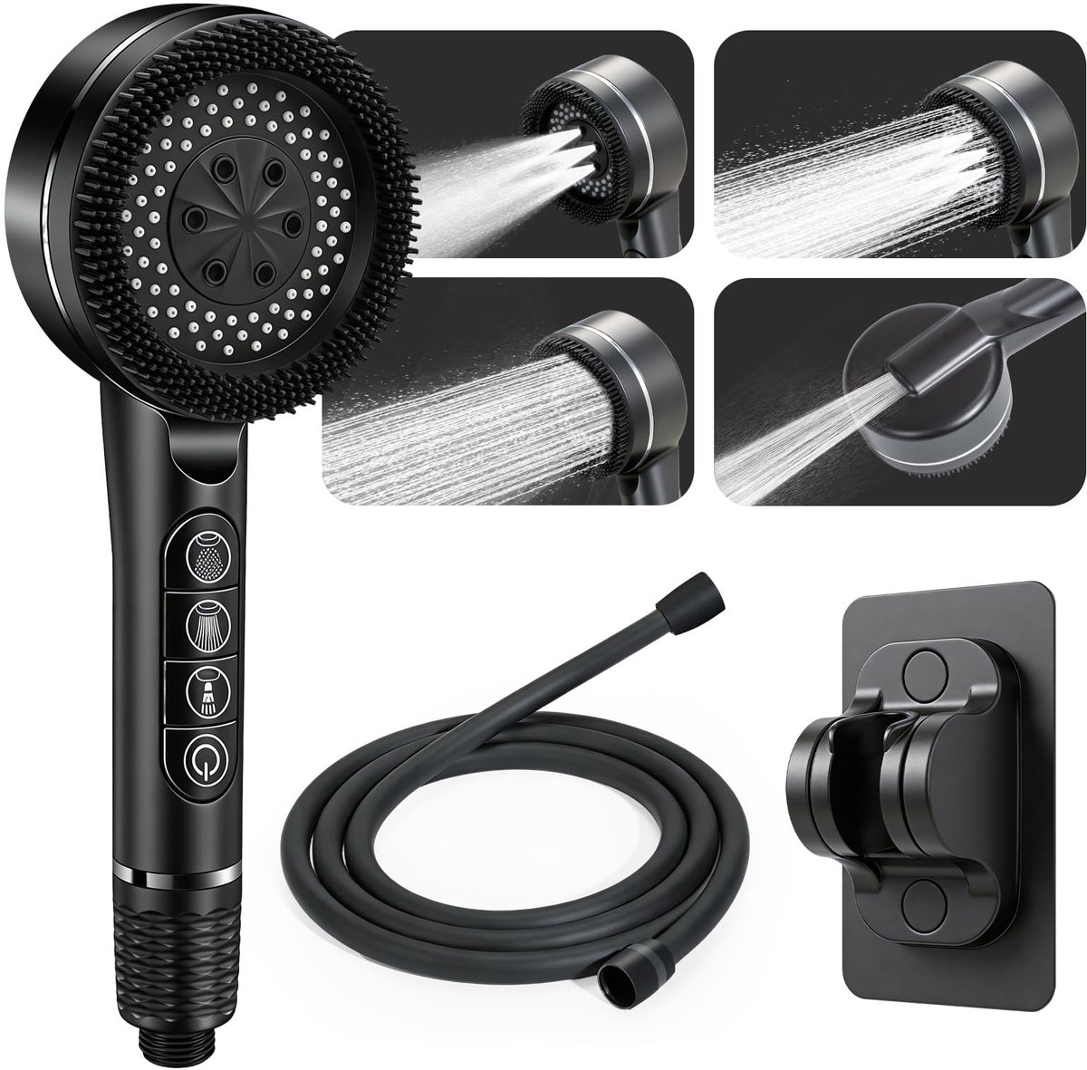 SnelShoppen - Hogedruk Douchekop met Filter, Handdouche met 4 Massage Straalsoorten, Waterbesparend, 1,5m Slang en Houder, Zwart