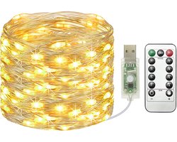 Litogo Led-lichtsnoer met USB-stekker, 12 m, 120 leds, lichtketting met afstandsbediening, waterdicht, 8 modi met timer, dimmen, kerstlichtketting voor feest, bruiloft, decoratie, warm wit