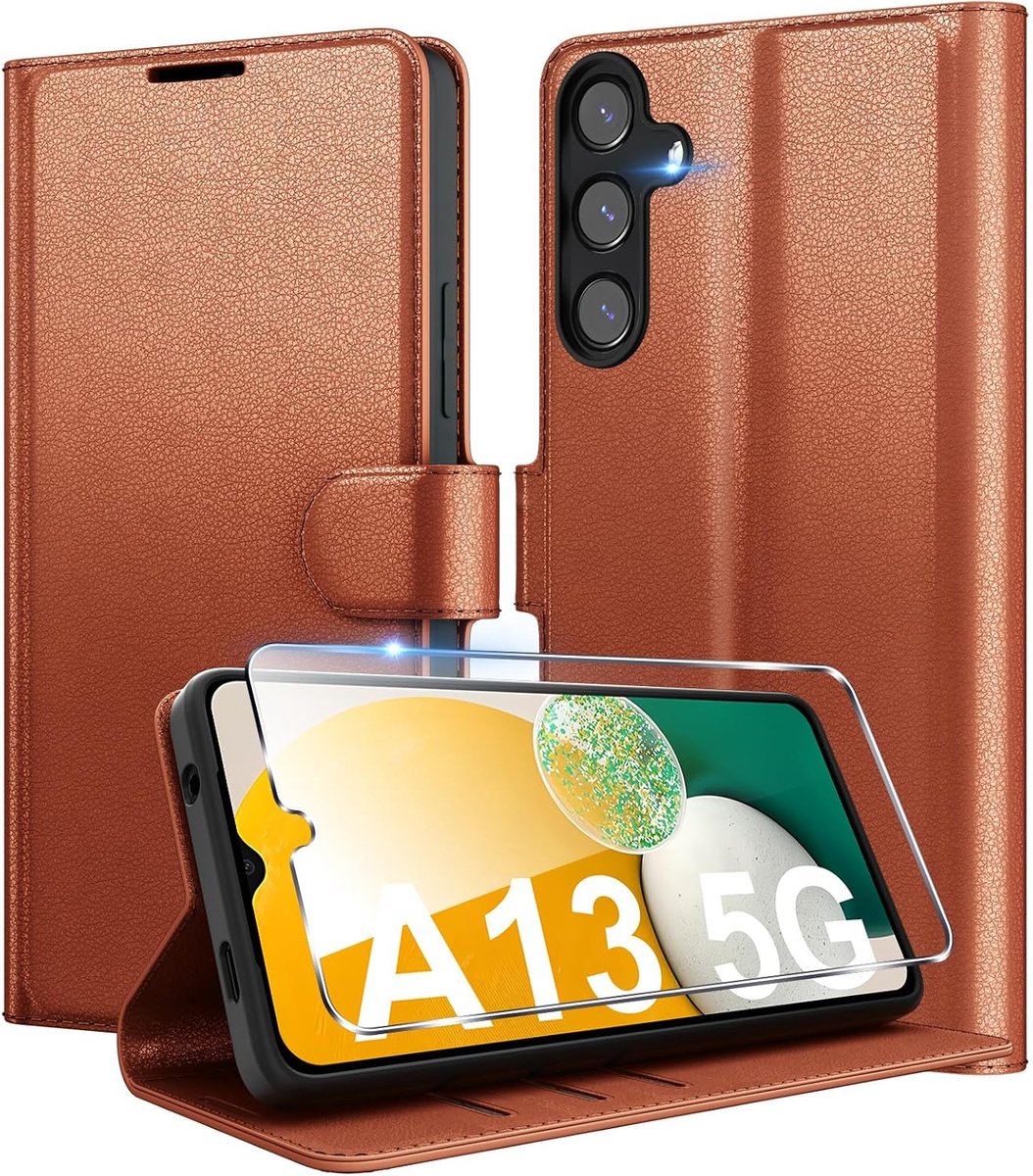 Telefoonhoesje voor Samsung Galaxy A13 5G, premium PU-leer, portemonneehoesje met kaartsleuf, standfunctie, beschermhoes, stootvaste klaphoes, flip case met 1 stuks pantserbescherming, glas