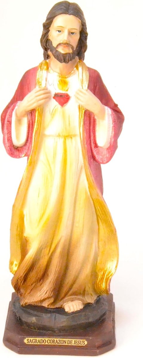 Heilig Hart van Jezus, religieus beeld van hars, gouden en rode tuniek, 21 cm, decoratieve basis