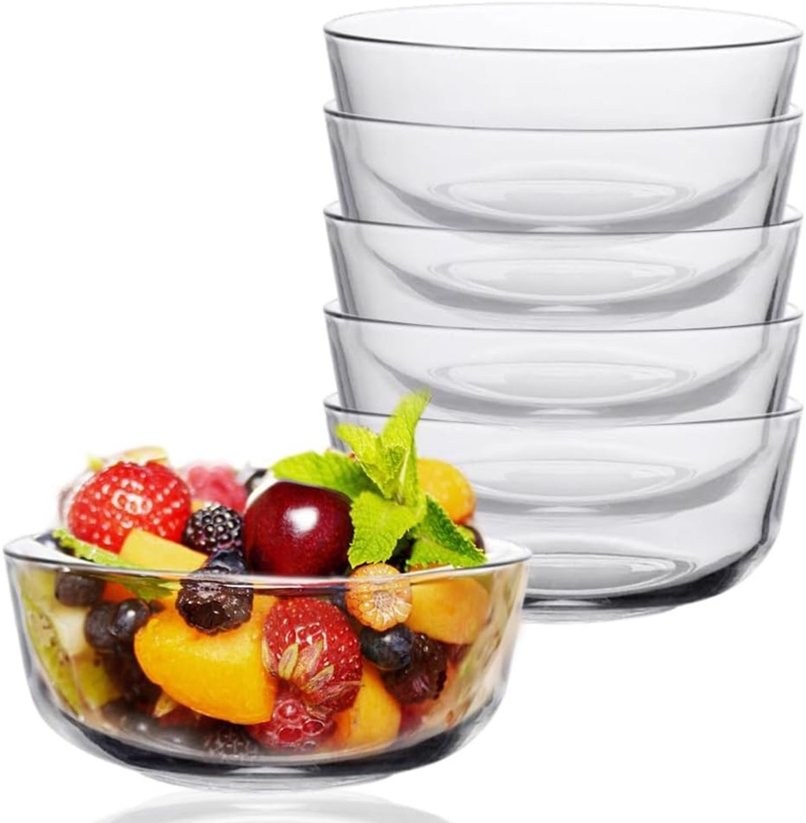 Set van 6 glazen kommen, ideaal voor salades, desserts en dipsauzen, stapelbaar en multifunctioneel