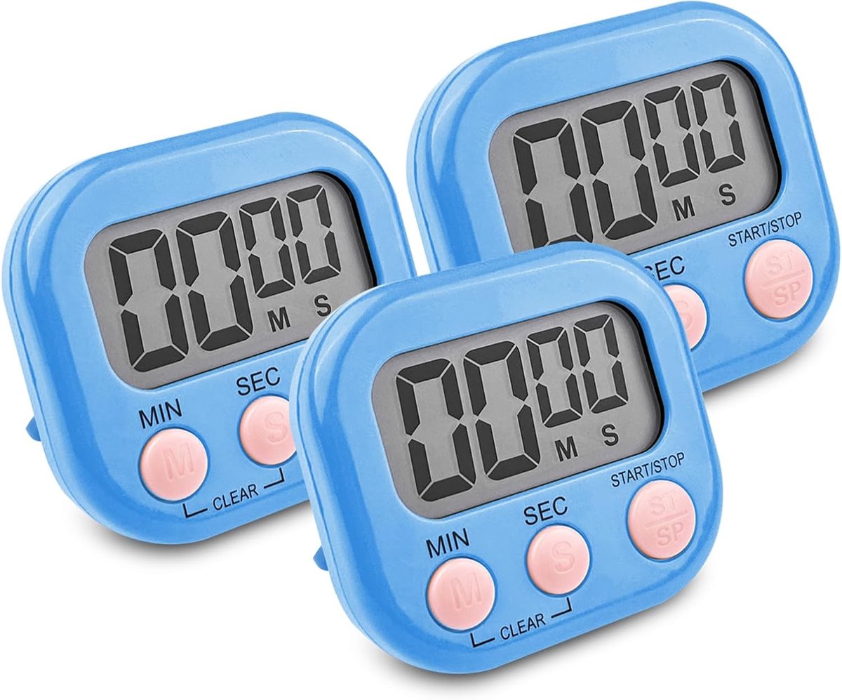 3 stuks digitale keukentimer, blauw, stopwatch met magneethouder