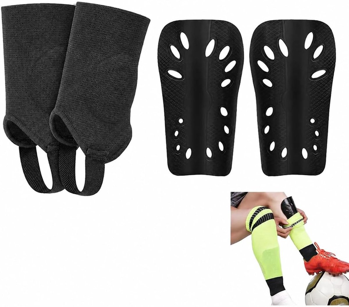 Kinderen set van 2 – Maat M – Zwart – Inclusief scheenbeschermers en enkelbeschermers – Ademend en lichtgewicht – Voor voetbaltraining en buitensport