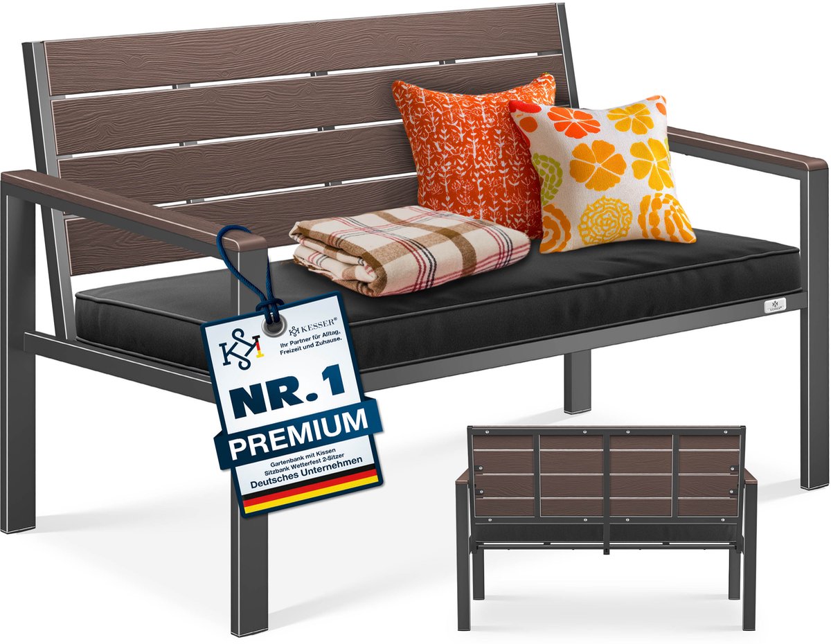 KESSER® Tuinbank met kussen - 2-zits parkbank in houtlook, tot 300 kg - 120 x 64 x 78 cm - koffie/antraciet