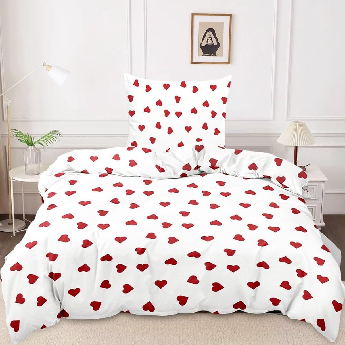 Beddengoedset voor meisjes, 135 x 200 cm, kinderbeddengoedset, wit met rode harten, voor kinderen en tieners, tieners, dekbedovertrek set met ritssluiting, jeugd, slaapkamer