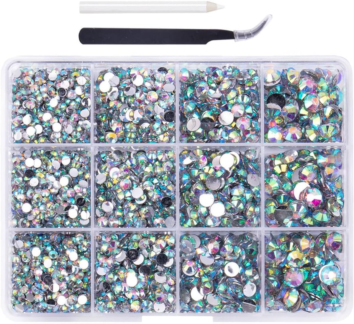 Strassteentjes, 4455 stuks, hotfix-strass-steentjes om te knutselen, gemengde set met 4 maten, met wasstift en pincet, voor nagels, decoratie, kleding, schoenen