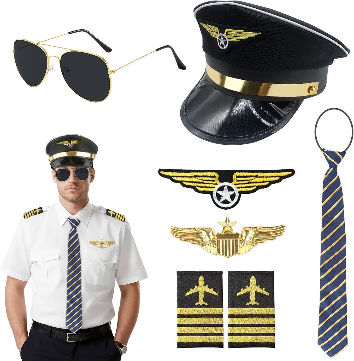Accessoires voor heren, pilotenkostuum, vechtjetpiloot, kostuum met zonnebril en zilveren identificatiemerk, outfit voor volwassenen, accessoires voor carnaval, Halloween, zwart
