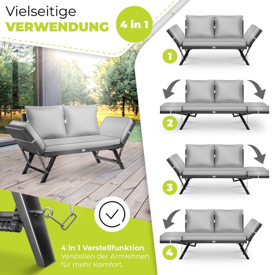 Grijze tuinbank met vier verschillende standen, verstelbare armleuningen.