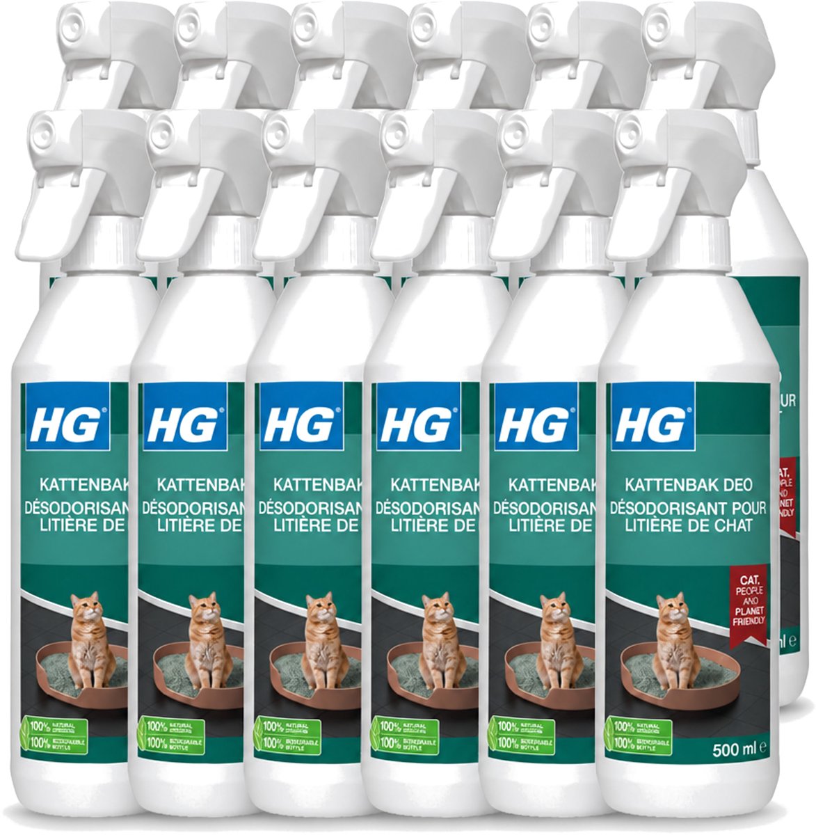 12 x HG - Kattenbak Deo - Neutraliseert Geuren - 100% Biologisch - 500 ml - Voordeelverpakking - 12 stuks