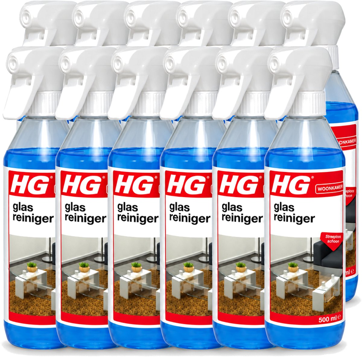 12 x HG - Glasreiniger Spray - Streeploos Schoon - Ontvet & Droogt Snel - 500 ml - Voordeelverpakking - 12 stuks