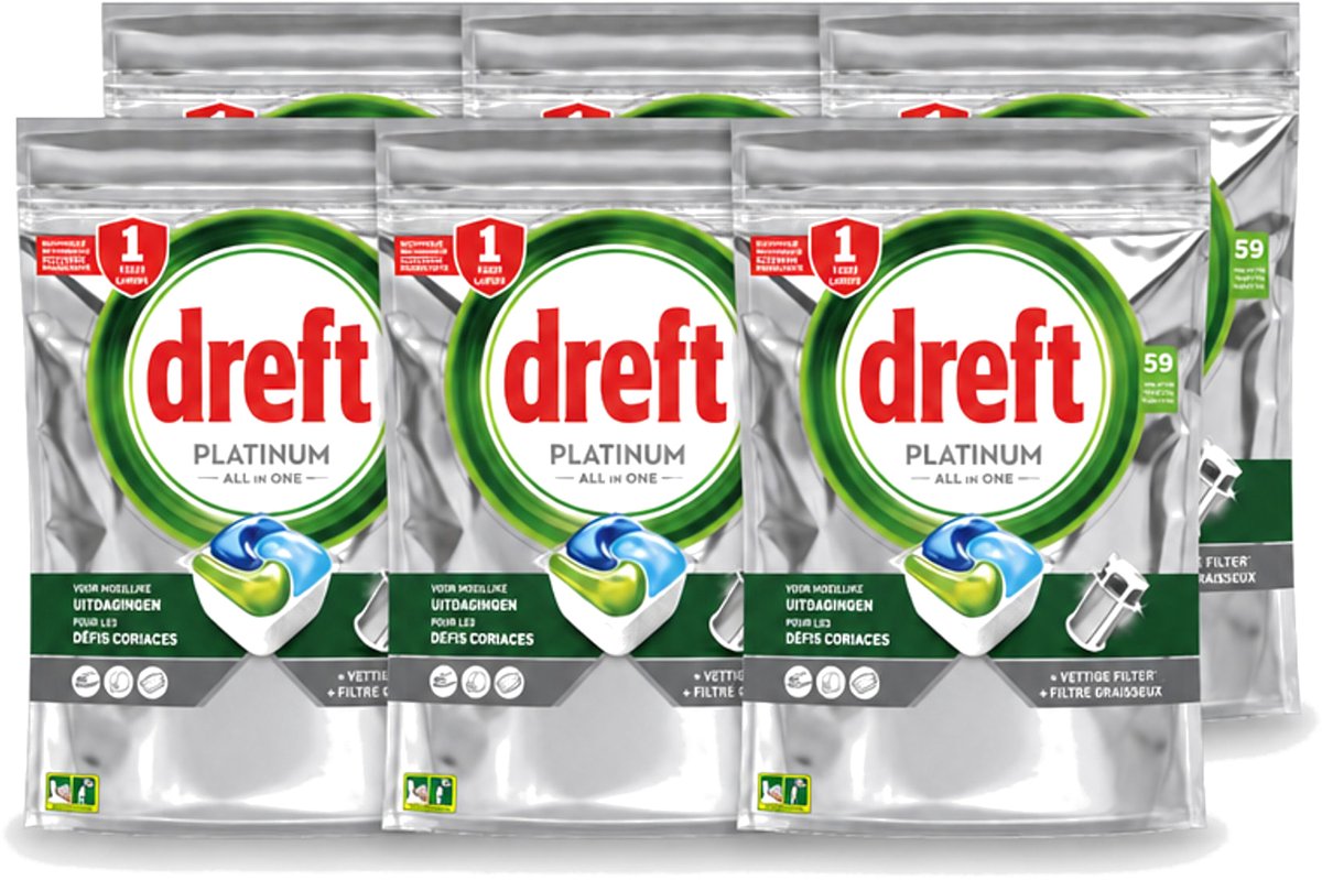 6 x Dreft – Vaatwastabletten – Platinum All-in-One Original – 59 Tabletten - Voordeelverpakking - 6 stuks
