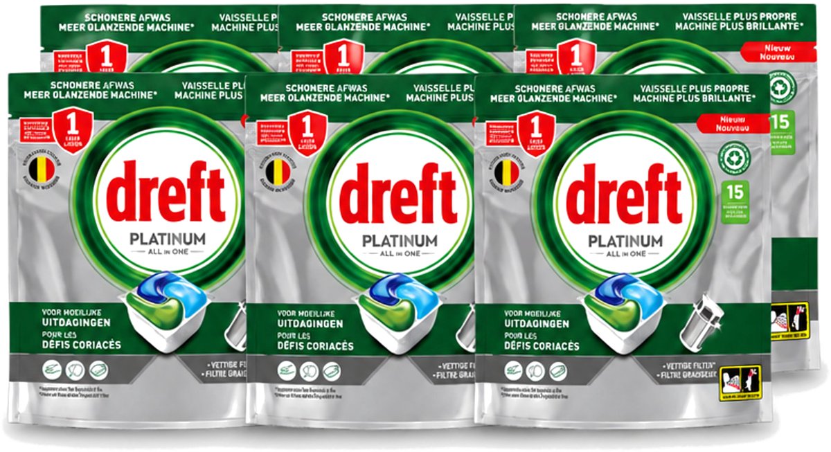 6 x Dreft – Vaatwascapsules – Platinum All-in-One – 15 Capsules - Voordeelverpakking - 6 stuks