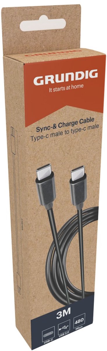 Grundig USB-C naar USB-C 2.0 Oplaadkabel en Datakabel - Kabellengte van 3 Meter - Snelle Dataoverdracht tot 480 Mbps - Geschikt voor Opladen en Synchroniseren van Apparaten - Kleur Zwart