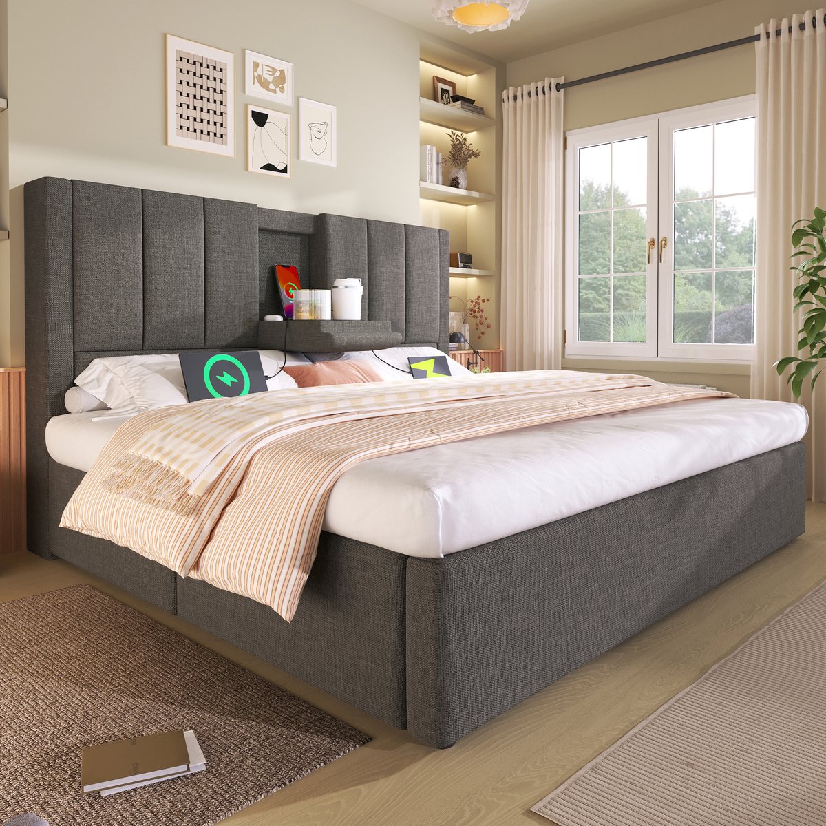 WUVRIE Gestoffeerd opbergbed 140x190 cm met lattenbodem, USB-laadstation en bekerhouders, grijs