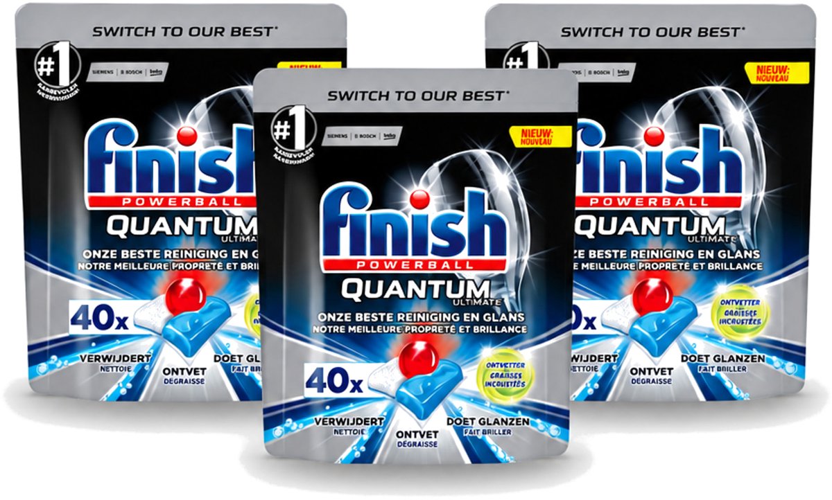 3 x Finish Powerball - Quantum Ultimate - Vaatwastabletten - Ontvetter - 40 Tabletten - Voordeelverpakking - 3 stuks