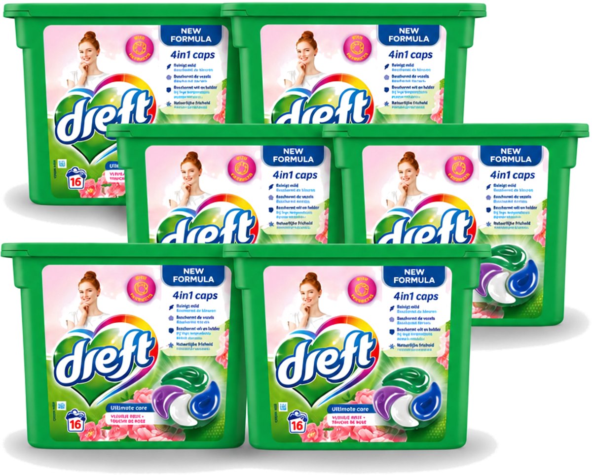 6 x Dreft - Nieuwe Formule - Wasmiddelcapsules 4in1 - Witte en Gekleurde Was - Vleugje Roze - 16 Wasbeurten - Voordeelverpakking - 6 stuks