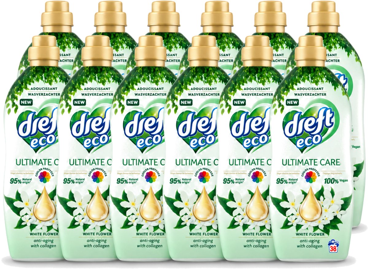 12 x Dreft ECO - Wasverzachter - Gekleurde Was - Witte Bloem - Anti-Veroudering - 38 Wasbeurten - Voordeelverpakking - 12 stuks