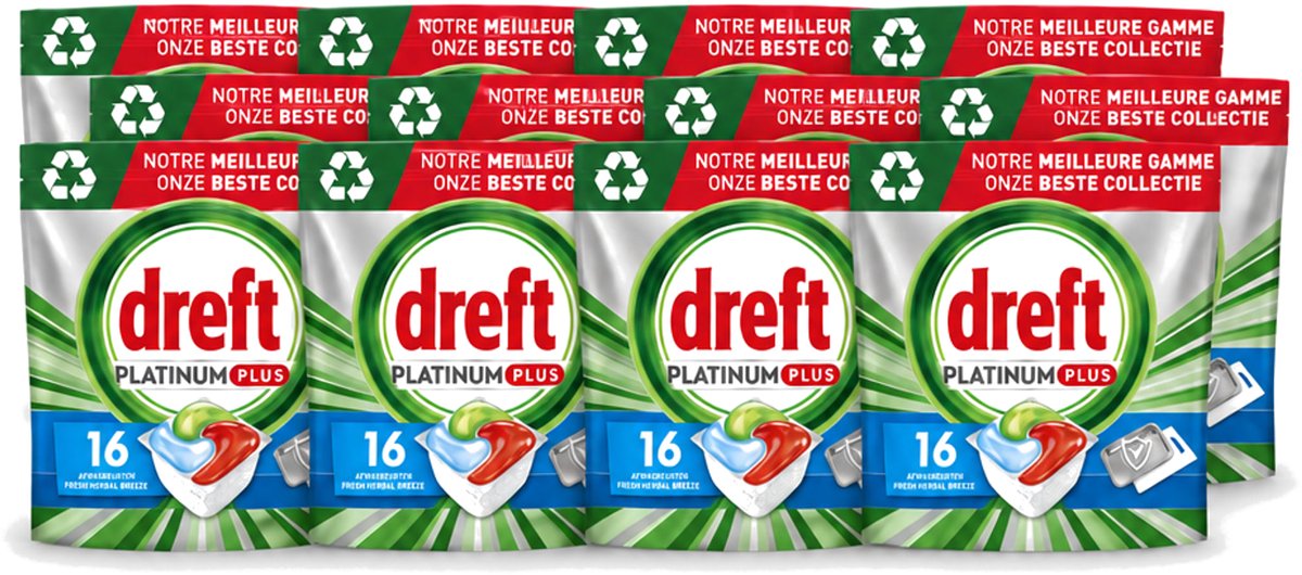 12 x Dreft Platinum Plus - All In One - Vaatwascapsules - Fresh Herbal Breeze - 16 Afwasbeurten - Voordeelverpakking - 12 stuks