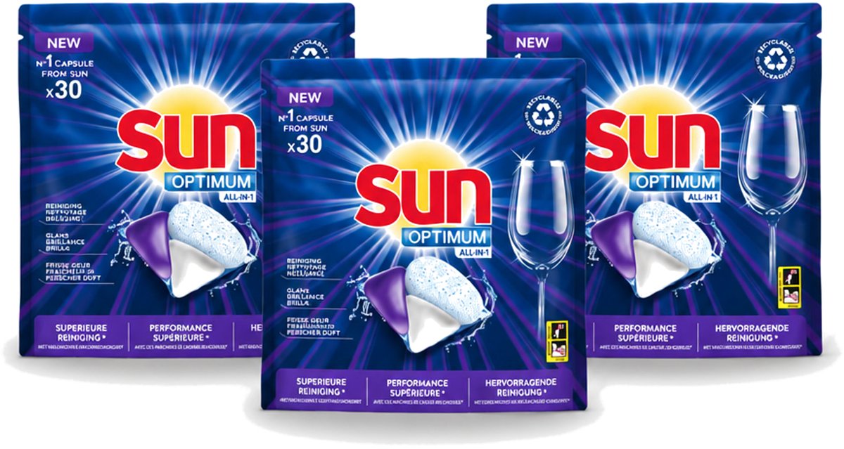 3 x Sun Optimum - All-in-1 - Vaatwasmiddel - Capsules - Maandbox - 30 Capsules - Voordeelverpakking - 3 stuks