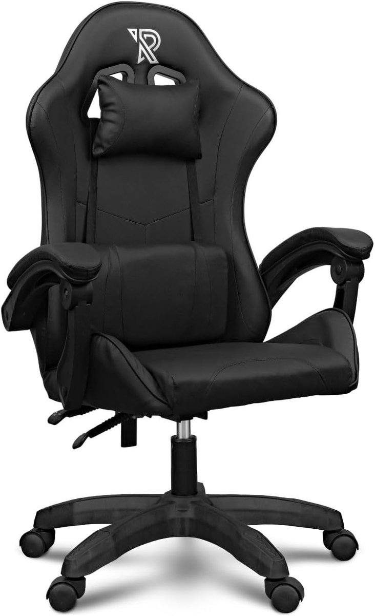SnelShoppen - Gaming Chair - Ergonomische PC Stoel - Zwart PU Leer - 1D Armleuningen - Met Rug- en Nekkussen - Verstelbare Rugleuning 90°-135° - Voor