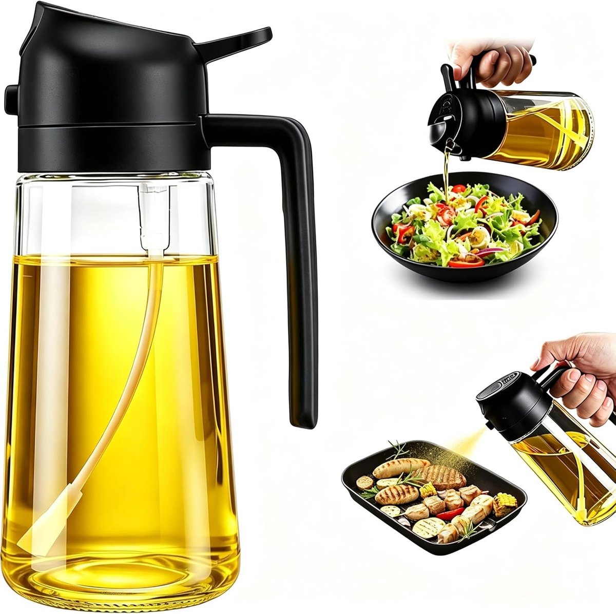 Oliesproeier, 470 ml olijfoliefles, 2-in-1 oliesproeifles, keuken oliedispenser voor koken, salades en grillen, zwart