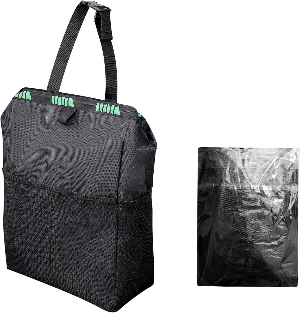 Auto-afvalbak inclusief 50 vuilniszakken, grote afvalbak voor in de auto (35x26x15cm) met klittenbandsluiting, auto-achterbank organizer met 4 gaasvakken, lekvrij gemaakt van Oxford-stof