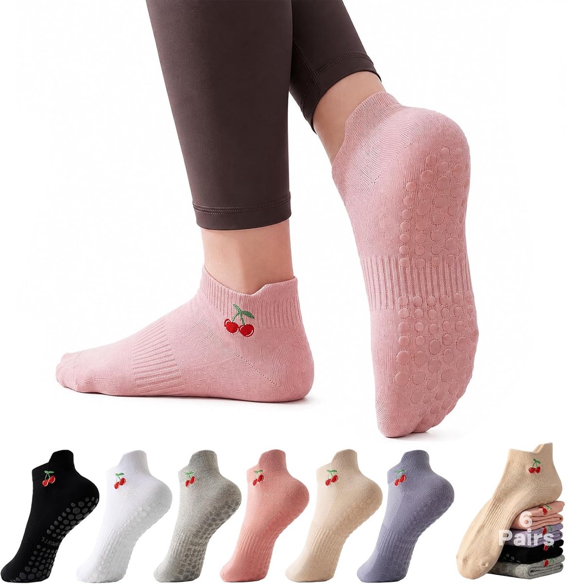 Sokken voor dames, 6 paar, antislip zachte reformer-yoga-sokken voor ballet, fitness, dans, fitnessstudio, trampoline, eenheidsmaat