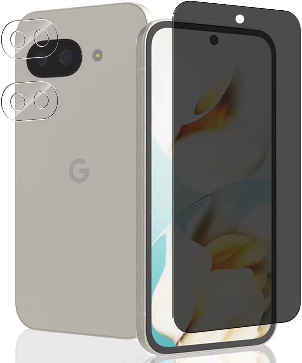 1 x gehard glas tegen spionage voor Google Pixel 9A displaybescherming + 2 stuks camerabescherming, hardheid 9H/anti-spy, displaybescherming voor Google Pixel 9A – privacy gehard glas