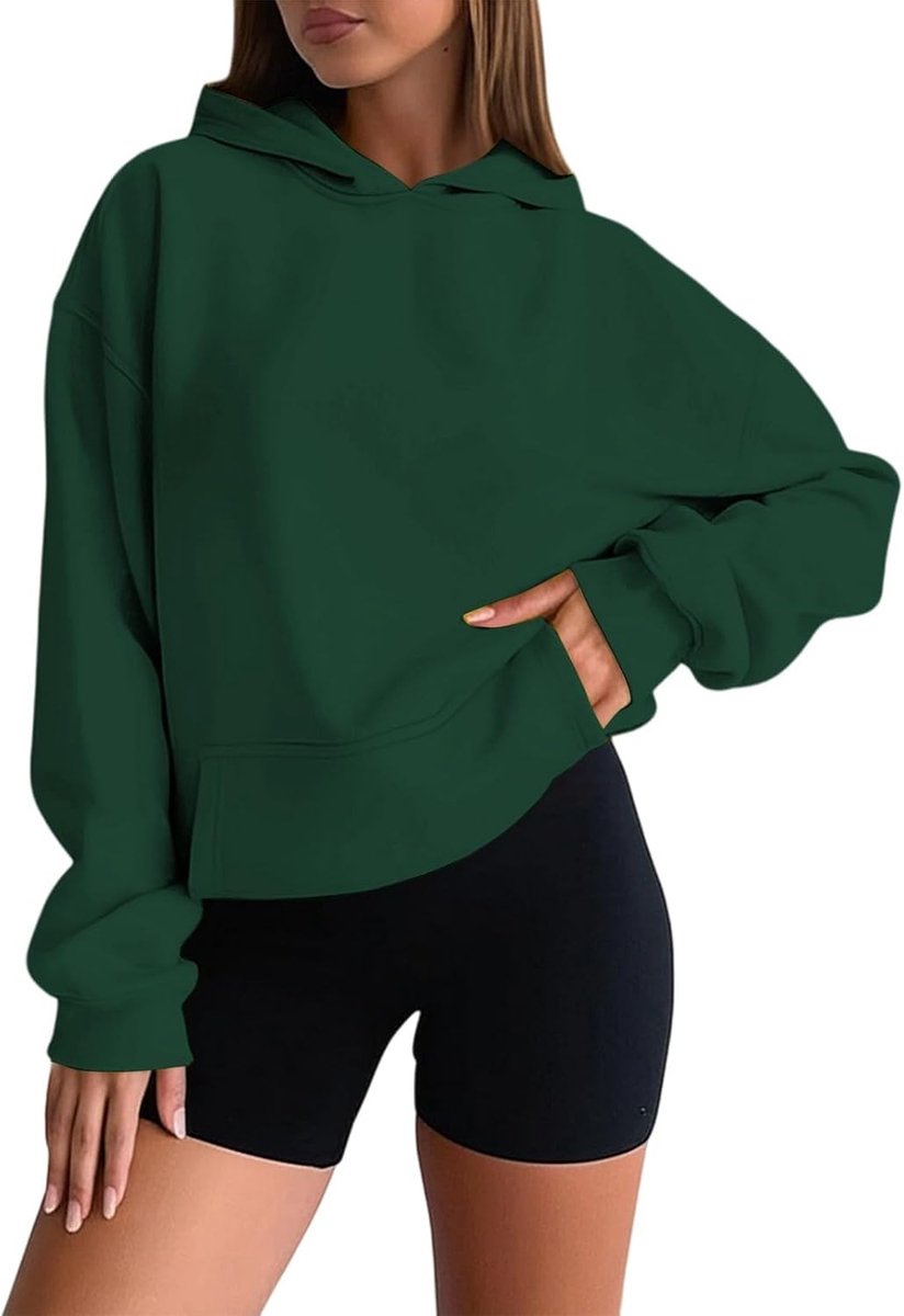 Damestrui met capuchon, katoen, fleece, lange mouwen, warm, zacht, comfortabel, effen, casual, los, herfst, winter, mode, kangoeroezak, loungewear A18
