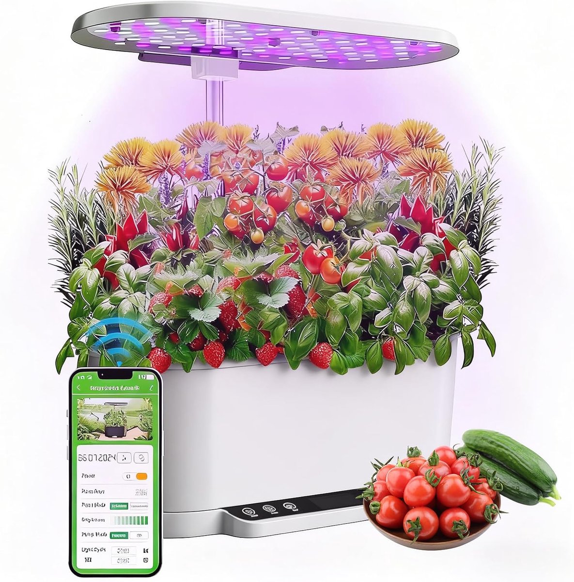 Wifi- en app-bediening, 15 plantgaten, hydrocultuur-aanbouwapparaat met 36 W led-verlichtingssysteem en lcd-display, watertank van 6 liter, in hoogte verstelbaar