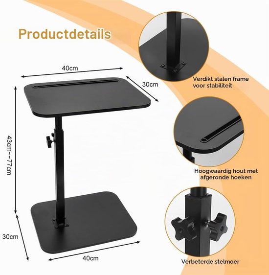 Bijzettafel C-vorm, 360° draaibaar en in hoogte verstelbaar banktafel, salontafel, woonkamertafel, koffietafel, zijtafel, bedtafel voor slaapkamer, bed, bed en kleine ruimtes (zwart) — afbeelding 2