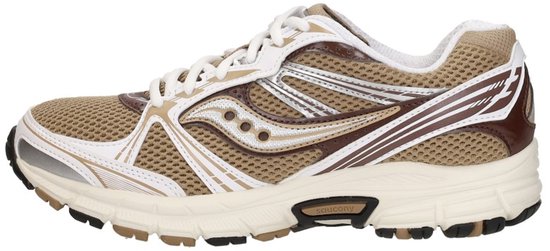 Zijaanzicht van Saucony Grid Legacy sneaker in beige mesh met bruine en zilveren overlays.