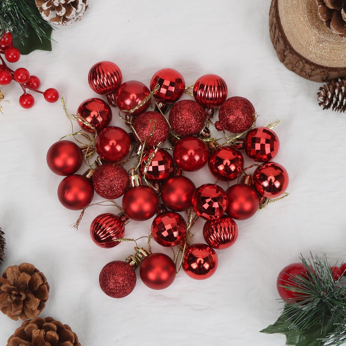 Kerstballen, rood, 3 cm mini-kerstballen, kerstboomversiering