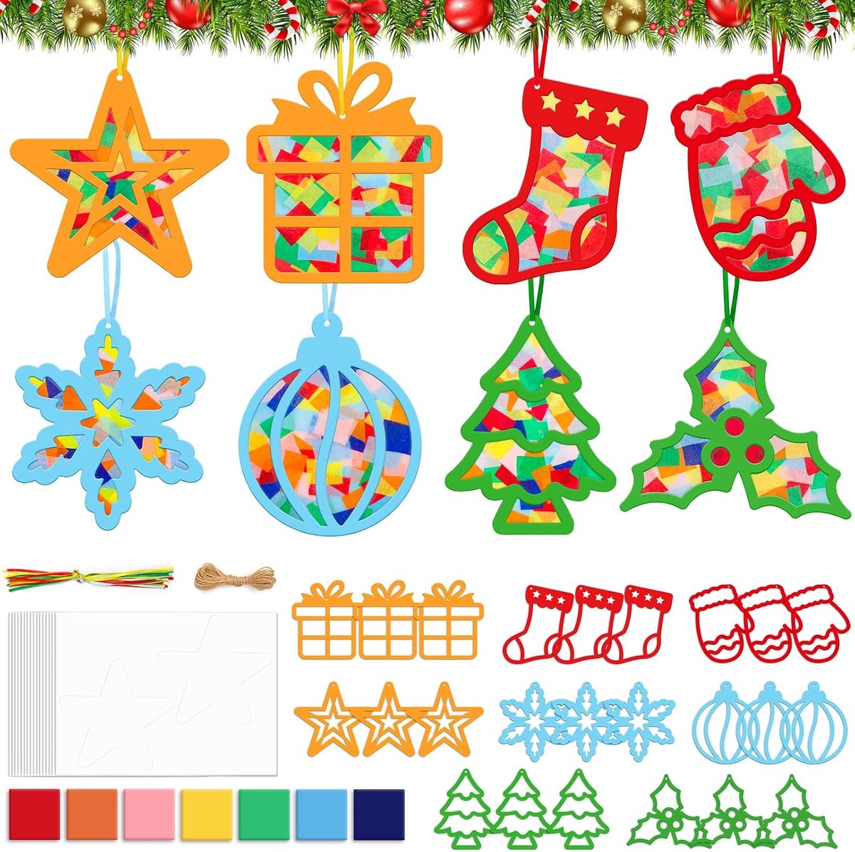 Knutselset voor kinderen, 24 stuks, kerstdecoratie, winterknutselset, sterren, doe-het-zelf raamafbeeldingen voor kinderen, raamdecoratie, knutselen, sneeuwvlok, kerstbal, kerstboom, feest, Nieuwjaar