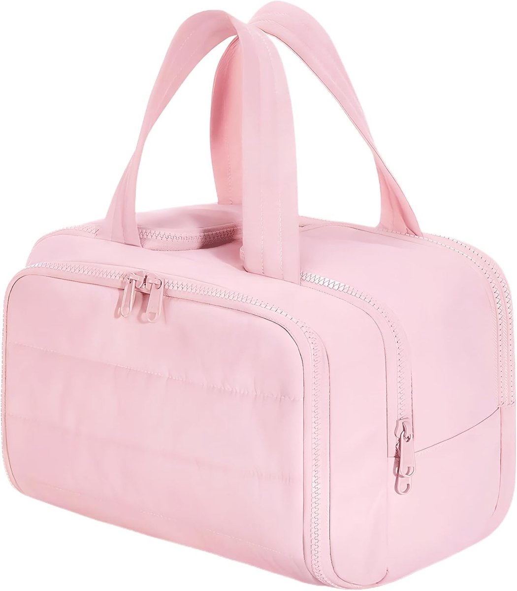 Toilettas voor dames, lichte grote make-uptas, wijd open toilettas, make-uptas met handvat, voor accessoires, essentials, toiletartikelen, roze, Minimalistisch