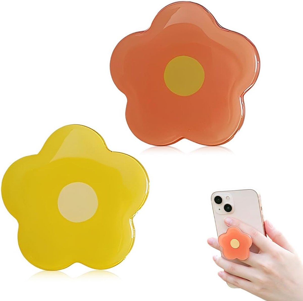 2 stuks ringgreephouder, bloemenvormige acryl standaard met uittrekbare luchtkussen voor mobiele telefoon, gele en oranje bloemen, antislip houder voor mobiele telefoon, tafelstandaard voor
