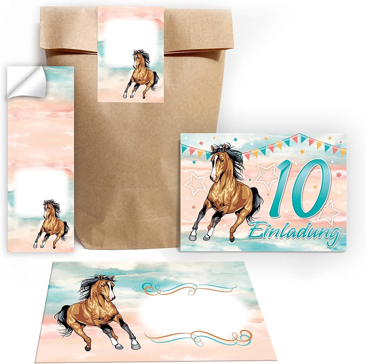 uitnodigingskaarten 10e verjaardag - meisjes - paardenthema - inclusief enveloppen en stickers - ShopVlot