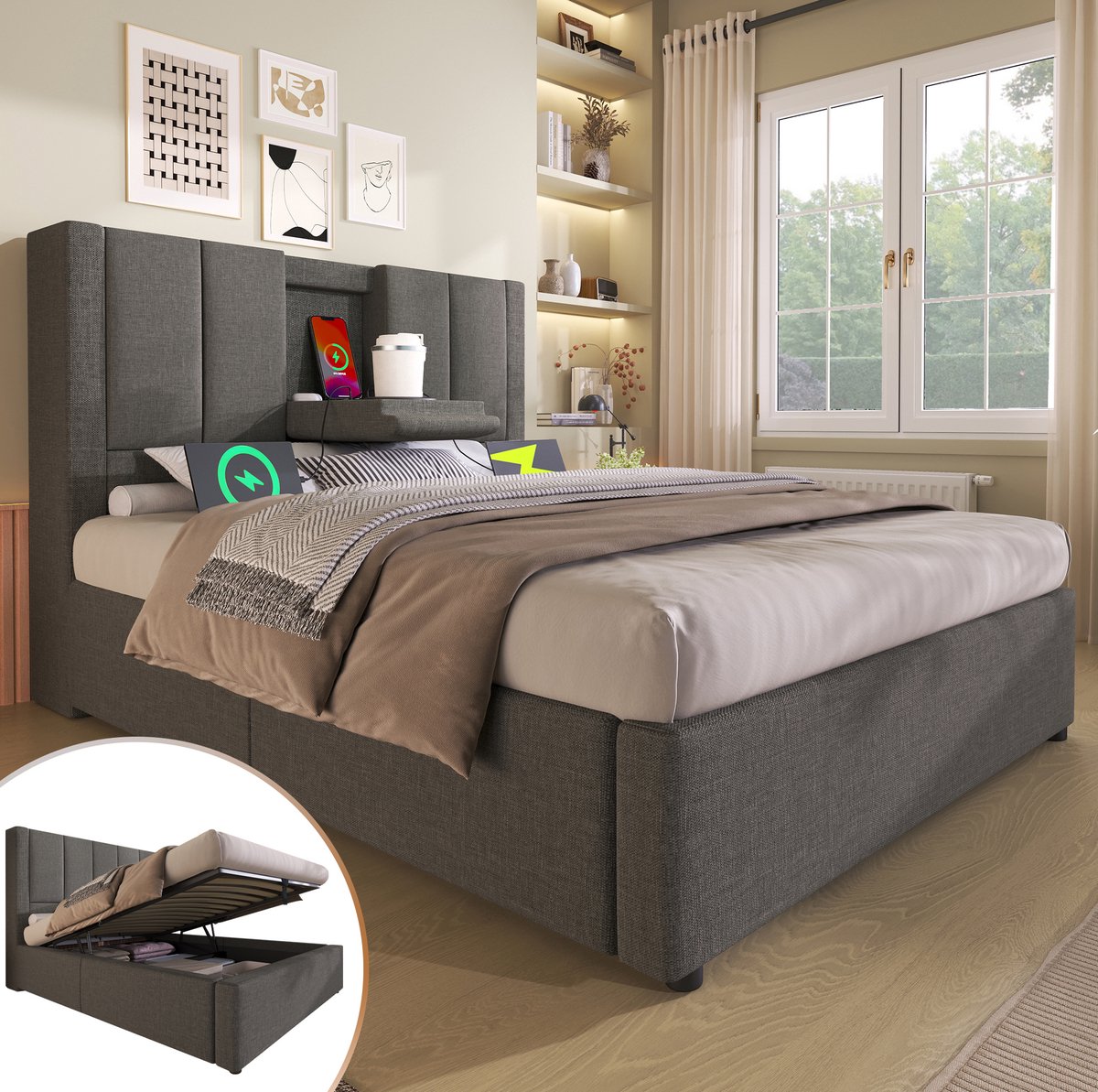 WUVRIE Opbergbed 90x200 cm met matras, USB- en Type-C-laadstation, bekerhouder en lattenbodem, grijs