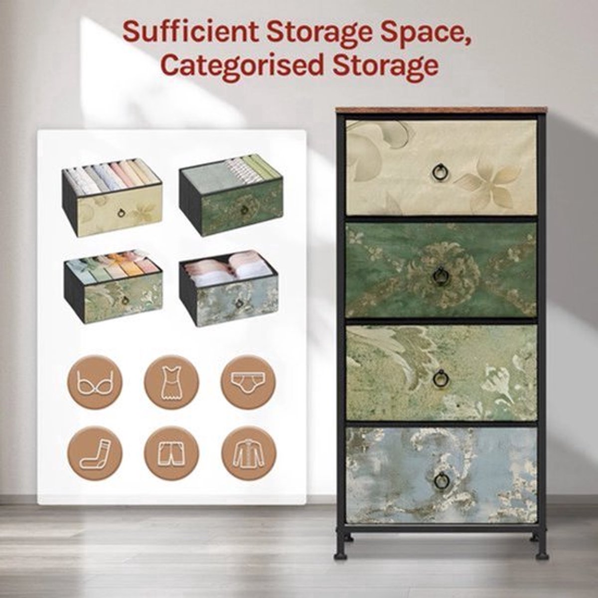 Stoffen Ladekast - Ladenkast - Opbergkast - 4 Lades - Compacte Kast - Veelzijdig - Organizer voor Thuis - Metalen Frame - Bloemenmotief