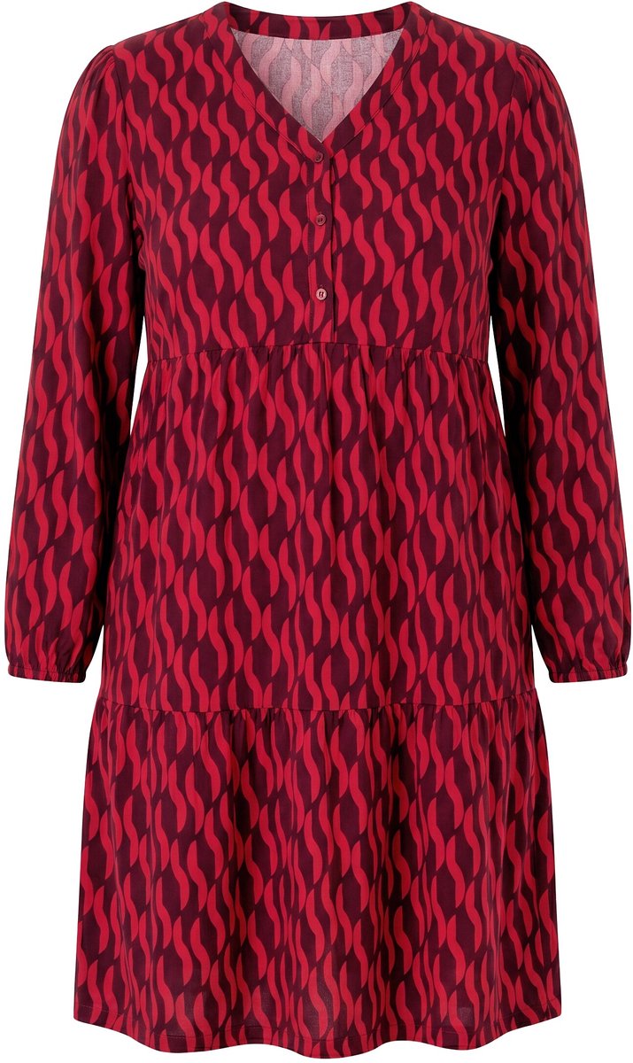 Ulla Popken - Dames - Jurk met patroon A-lijn V-hals lange mouwen - Donker wijnrood - Maat 42+