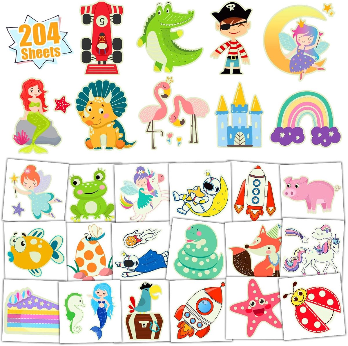 Glow Tattoos voor kinderen, 204 stuks, afzonderlijk verpakt, lichtgevende kindertatoeages voor meisjes, kinderverjaardag, gastgeschenken, kleine cadeaus voor jongens en meisjes, paascadeaus