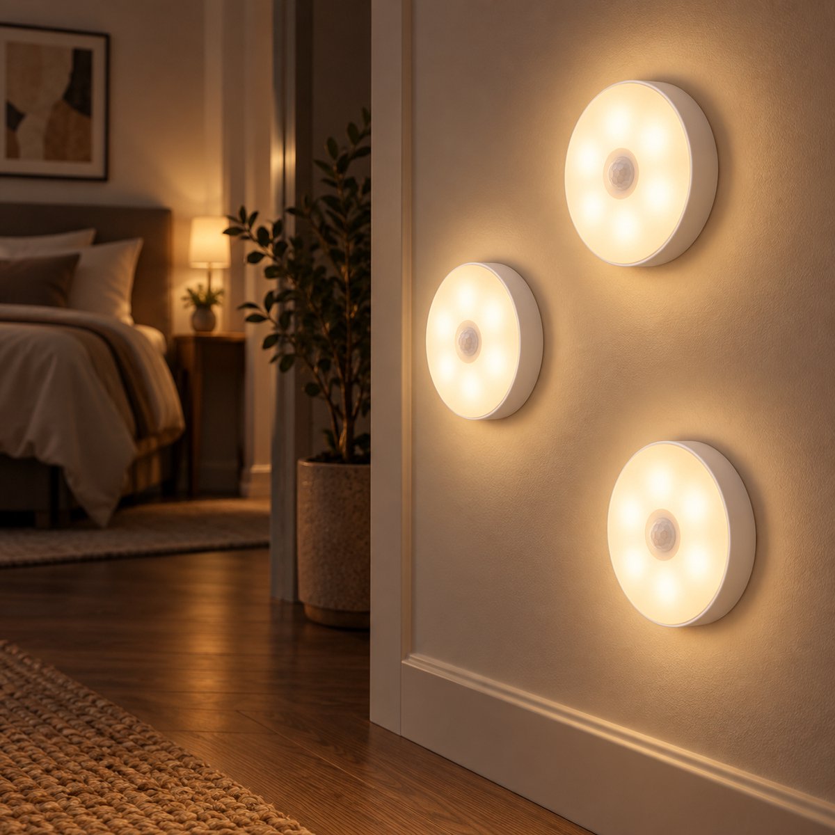 Ledverlichting - Bewegingssensor - 3 stuks - Rond - Draadloos - Oplaadbaar - USB C - Nachtlamp - Warm licht - Sensor - Kastverlichting - Trapverlichting - Nachtlampje — cadeau in Wonen & Interieur - foto 7