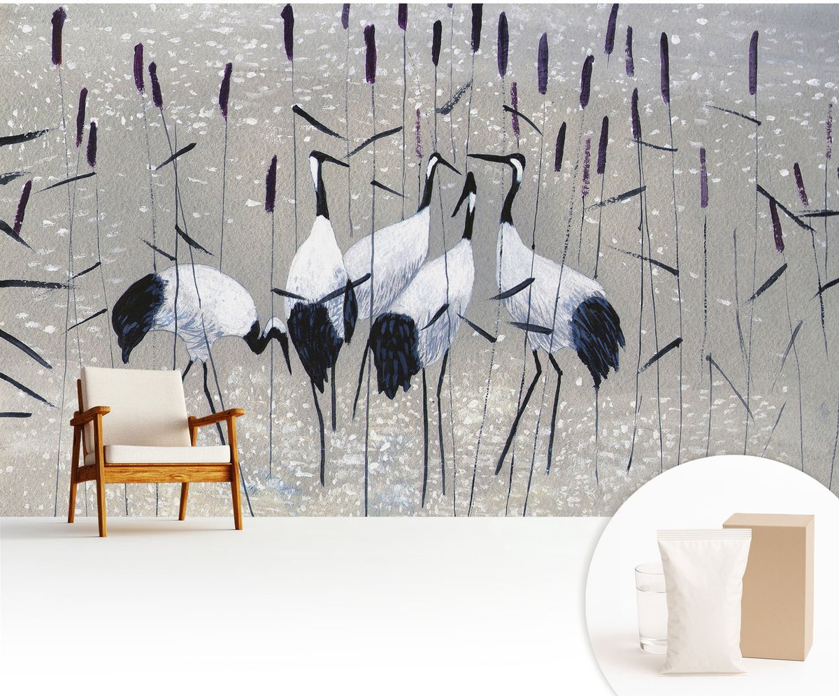Wallfluent Fotobehang - Grijs Vliesbehang - 416x254 cm - Harmonieuze Kraanvogels Muurschildering - Slaapkamer behang Dieren - Fotobehang Vlies - Slaapkamer behang