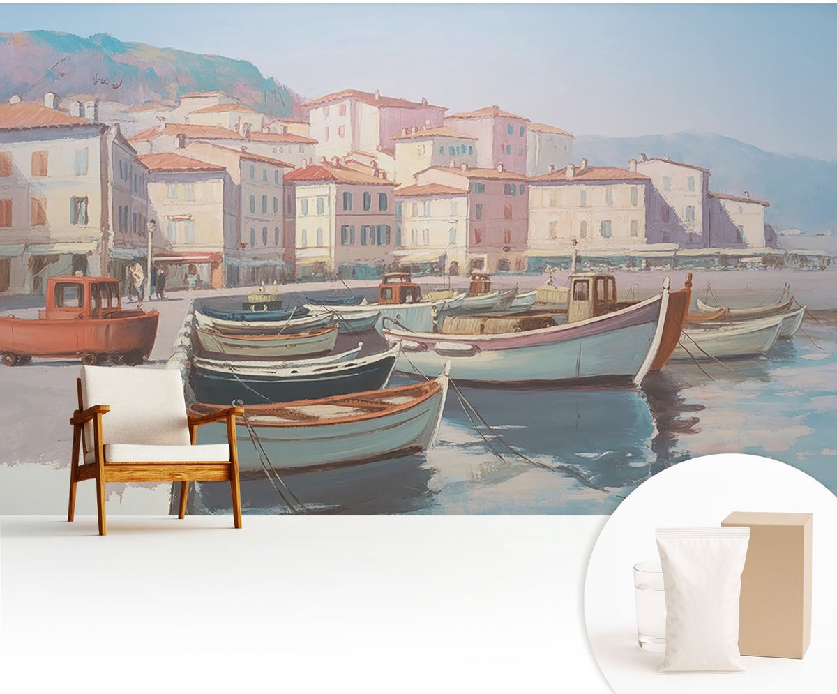 Wallfluent Fotobehang - Beige Vliesbehang - 416x254 cm - Haven Aan Zee Muurschildering - Slaapkamer behang Steden - Fotobehang Vlies - Slaapkamer behang