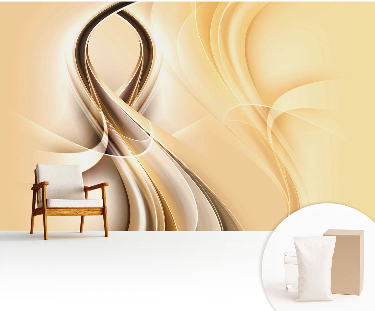 Wallfluent Fotobehang - Beige Vliesbehang - 416x254 cm - Golvende Lijnen Fotobehang Vlies - Hal behang Abstractie - Muurschildering - Woonkamer behang
