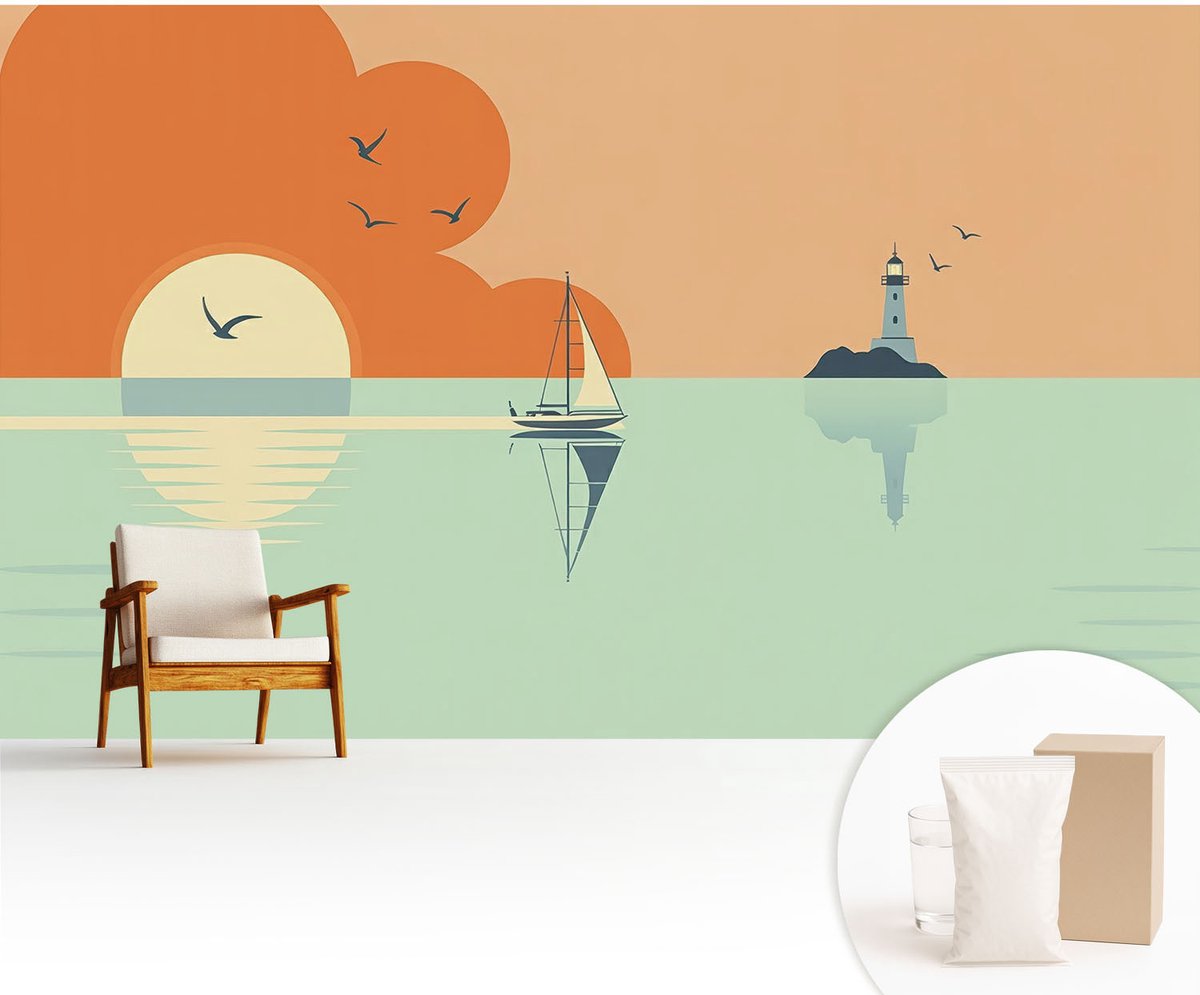 Wallfluent Fotobehang - Oranje Vliesbehang - 416x254 cm - Zeegenot Muurschildering - Slaapkamer behang Landschappen - Fotobehang Vlies - Slaapkamer behang