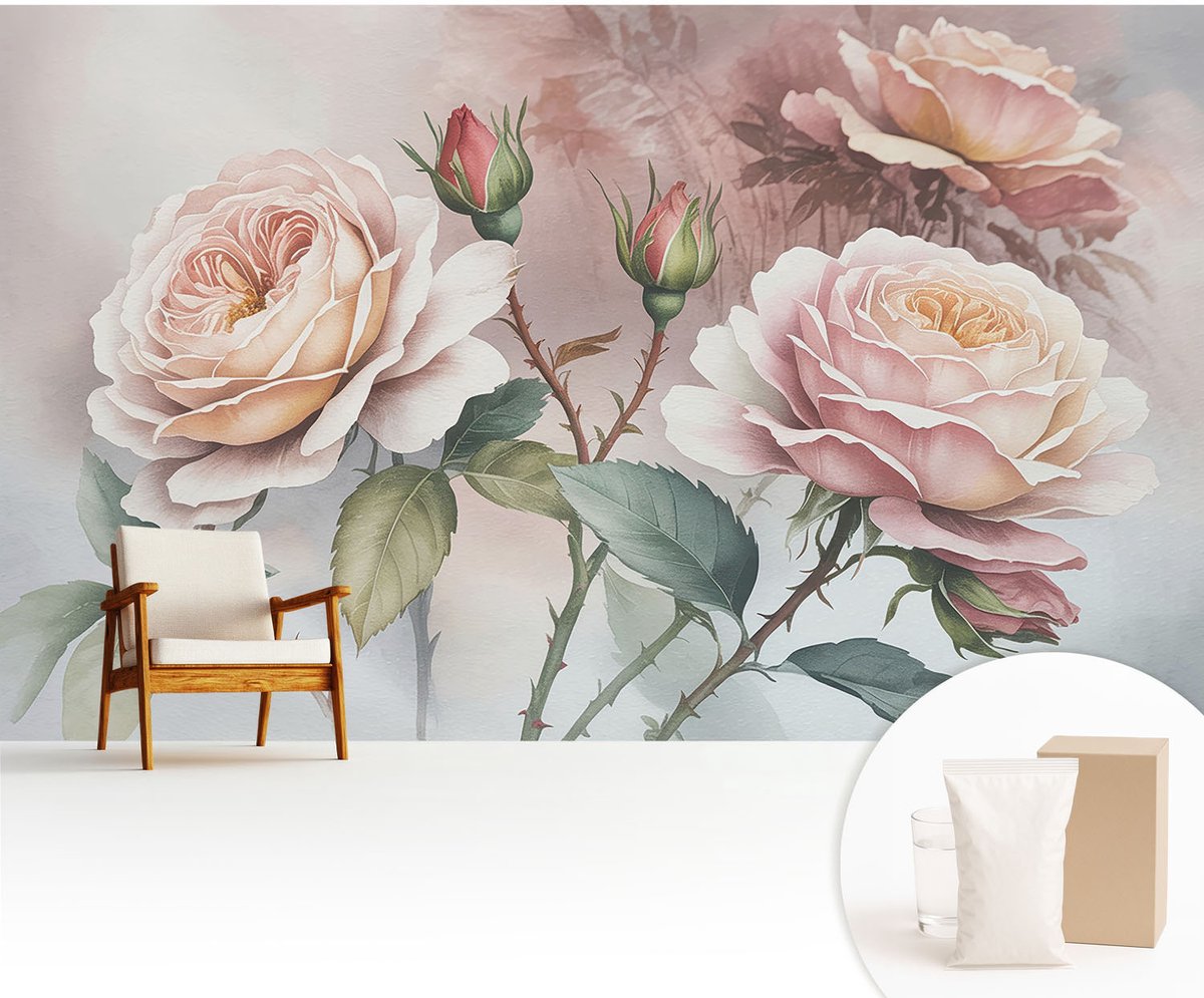 Wallfluent Fotobehang - Roze Vliesbehang - 416x254 cm - Pastel Rozen Fotobehang Vlies - Hal behang Bloemen En Planten - Muurschildering - Woonkamer behang